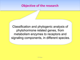 Objective of the researchObjective of the research
Classification and phylogenic analysis of
phytohormone related genes, from
metabolism enzymes to receptors and
signaling components, in different species.
S S Jena
 