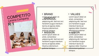 Larana Company
• VALUES
Lorem ipsum dolor sit
amet, consectetur
adipiscing elit. Sed non
orci hendrerit augue
interdum lacinia at
egestas dolor. Vivamus
elementum pulvinar
tempus.
COMPETITO
R 1
• BRAND
IDENTITY
• MISSION • VISION
Lorem ipsum dolor sit
amet, consectetur
adipiscing elit. Sed non orci
hendrerit augue interdum
lacinia at egestas dolor.
Vivamus elementum
pulvinar tempus.
Lorem ipsum dolor sit
amet, consectetur
adipiscing elit. Sed non orci
hendrerit augue interdum
lacinia at egestas dolor.
Vivamus elementum
pulvinar tempus.
Lorem ipsum dolor sit
amet, consectetur
adipiscing elit. Sed non
orci hendrerit augue
interdum lacinia at
egestas dolor. Vivamus
elementum pulvinar
tempus.
 