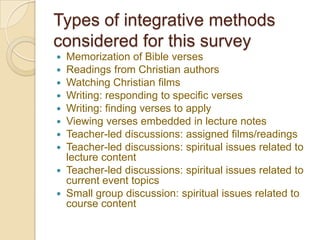 Types of integrative methods
considered for this survey
 Memorization of Bible verses
 Readings from Christian authors
 Watching Christian films
 Writing: responding to specific verses
 Writing: finding verses to apply
 Viewing verses embedded in lecture notes
 Teacher-led discussions: assigned films/readings
 Teacher-led discussions: spiritual issues related to
  lecture content
 Teacher-led discussions: spiritual issues related to
  current event topics
 Small group discussion: spiritual issues related to
  course content
 