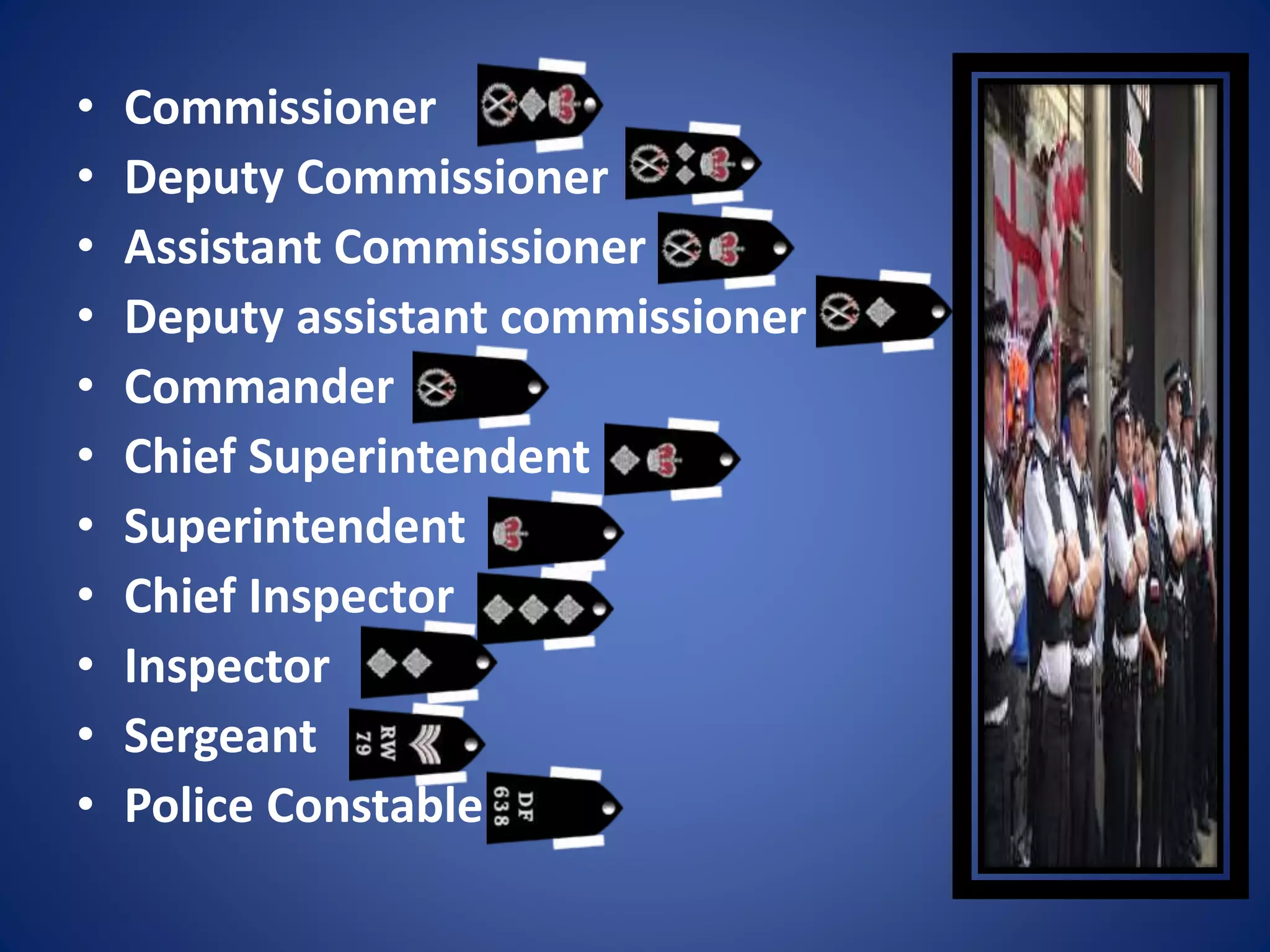 • Commissioner
• Deputy Commissioner
• Assistant Commissioner
• Deputy assistant commissioner
• Commander
• Chief Superintendent
• Superintendent
• Chief Inspector
• Inspector
• Sergeant
• Police Constable
 