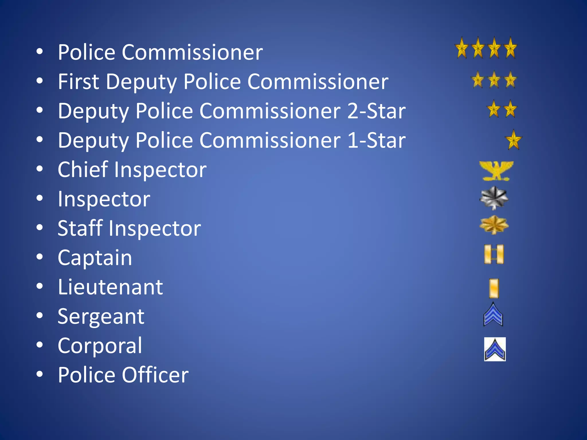 • Police Commissioner
• First Deputy Police Commissioner
• Deputy Police Commissioner 2-Star
• Deputy Police Commissioner 1-Star
• Chief Inspector
• Inspector
• Staff Inspector
• Captain
• Lieutenant
• Sergeant
• Corporal
• Police Officer
 