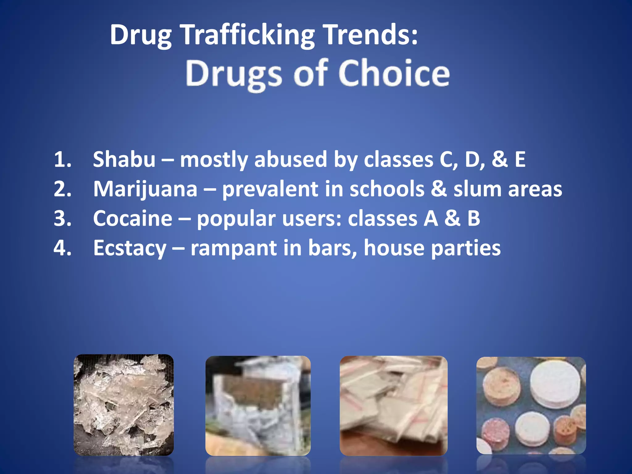 1. Shabu – mostly abused by classes C, D, & E
2. Marijuana – prevalent in schools & slum areas
3. Cocaine – popular users: classes A & B
4. Ecstacy – rampant in bars, house parties
Drug Trafficking Trends:
 