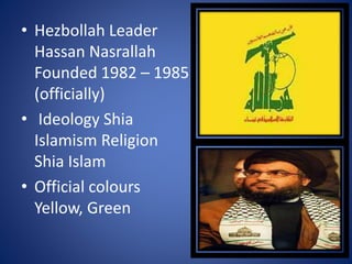 • Hezbollah Leader
Hassan Nasrallah
Founded 1982 – 1985
(officially)
• Ideology Shia
Islamism Religion
Shia Islam
• Official colours
Yellow, Green
 