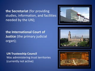 the Secretariat (for providing
studies, information, and facilities
needed by the UN);
the International Court of
Justice (the primary judicial
organ);
UN Trusteeship Council
Was administering trust territories
(currently not active)
 