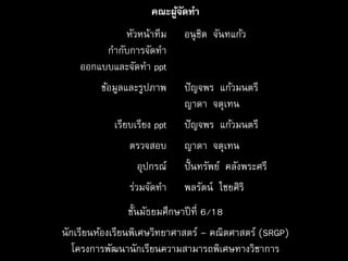 หัวหน้าทีม
กากับการจัดทา
ออกแบบและจัดทา ppt
ข้อมูลและรูปภาพ
เรียบเรียง ppt
ตรวจสอบ
อุปกรณ์
ร่วมจัดทา
อนุชิต จันทแก้ว
ปัญจพร แก้วมนตรี
ญาดา จตุเทน
ปัญจพร แก้วมนตรี
ญาดา จตุเทน
ปั้นทรัพย์ คลังพระศรี
พลรัตน์ ไชยศิริ
คณะผู้จัดทา
ชั้นมัธยมศึกษาปีที่ 6/18
นักเรียนห้องเรียนพิเศษวิทยาศาสตร์ – คณิตศาสตร์ (SRGP)
โครงการพัฒนานักเรียนความสามารถพิเศษทางวิชาการ
 