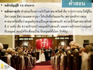 • หลักบัญญัติ 10 ประการ
• หลักความรัก คาสอนเรื่องความรักในศาสนาคริสต์ คือ การปรารถนาให้ผู้อื่น
มีความสุข มีความเมตตากรุณา ให้อภัยซึ่งกันและกัน เพราะหลักการของ
ศาสนาคริสต์ถือว่ามนุษย์ทุกคนเป็นบุตรของพระเจ้า ความรักในศาสนาคริสต์
มี 2 ระดับ คือ ความรักระหว่างมนุษย์กับพระเจ้า และความรักระหว่างมนุษย์
กับมนุษย์ สอนให้รักเพื่อนบ้าน รักมนุษย์ทั้งโลก รักศัตรู
คาสอน
 
