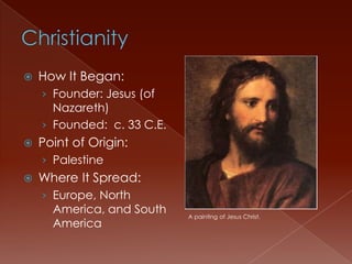 ChristianityHow It Began:Founder: Jesus (of Nazareth)Founded:  c. 33 C.E.Point of Origin:PalestineWhere It Spread: Europe, North America, and South America A painting of Jesus Christ.