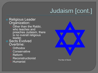 Judaism [cont.]Religious Leader Organization: Other than the Rabbi, who teaches and preaches Judaism, there is no overall religious leader.Sects Evolved Overtime:OrthodoxConservativeReformReconstructionistHumanistThe Star of David.