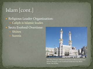 Islam [cont.]Religious Leader Organization:Caliph is Islamic leader.Sects Evolved Overtime:ShiitesSunnisThe Holy Mosque (MasjidAl-Haram) in Mecca is the most famous Mosque in the world and holds the holy Black Stone, the Ka’aba.