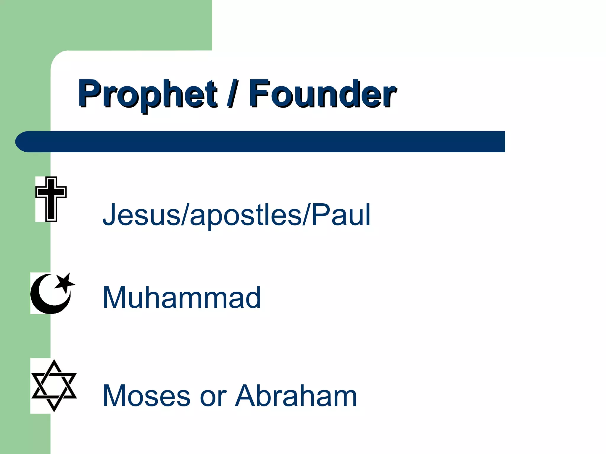 Prophet / Founder Jesus/apostles/Paul Muhammad Moses or Abraham 