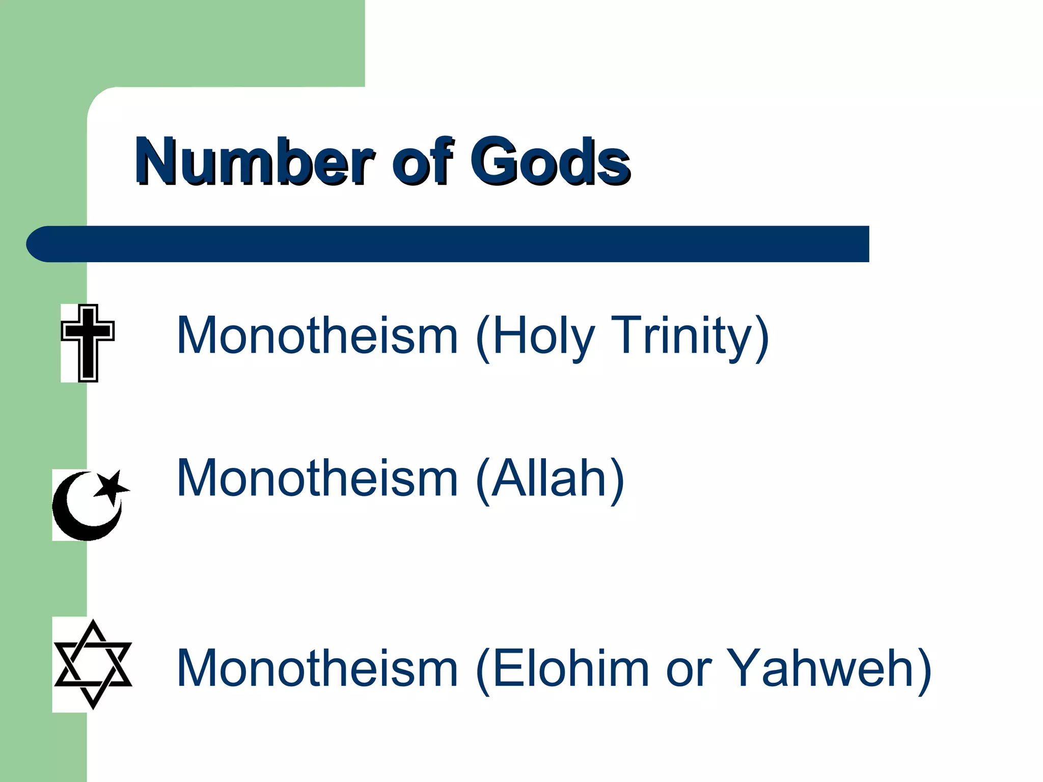 Number of Gods Monotheism (Holy Trinity) Monotheism (Allah) Monotheism (Elohim or Yahweh) 
