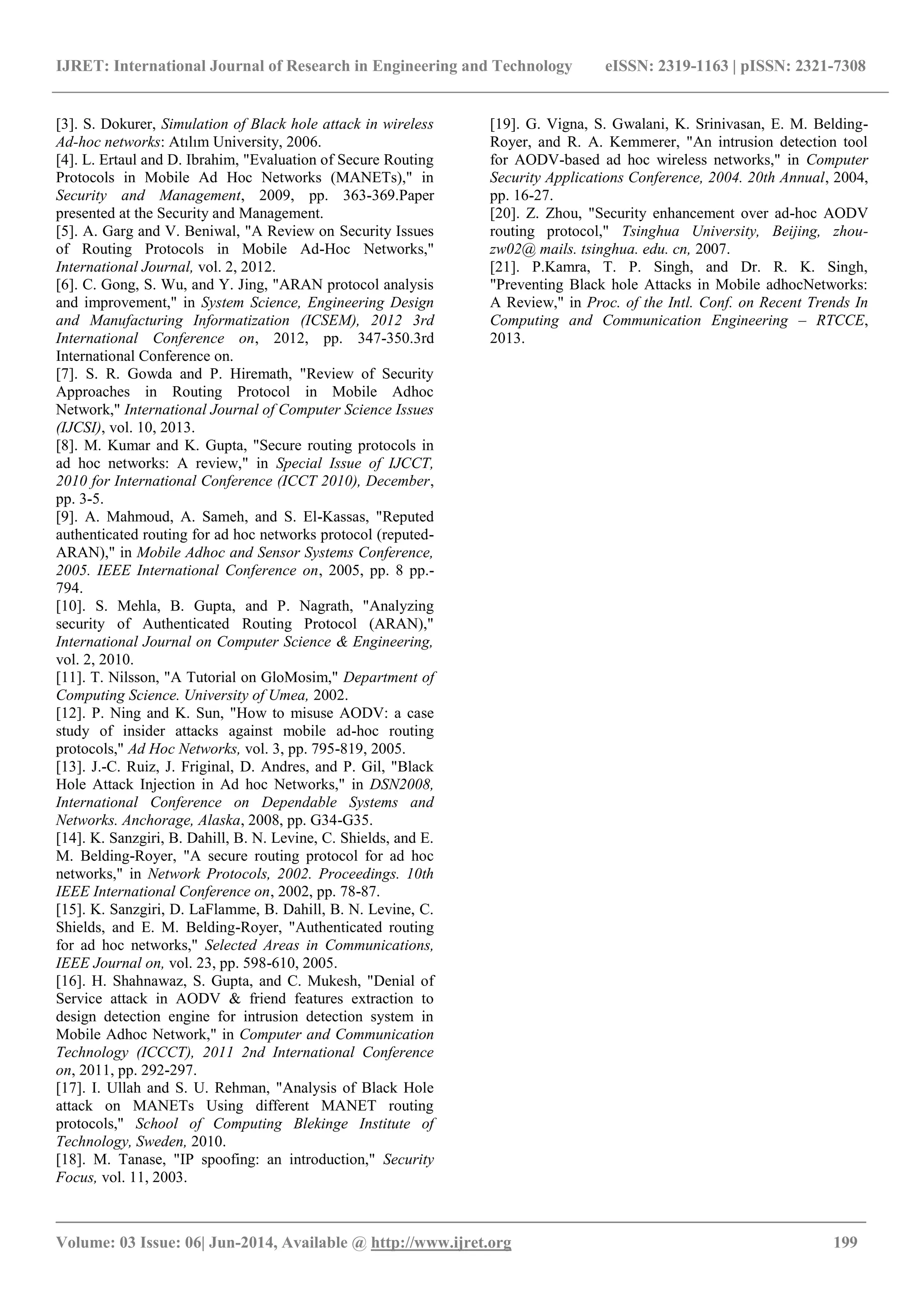 IJRET: International Journal of Research in Engineering and Technology eISSN: 2319-1163 | pISSN: 2321-7308
_______________________________________________________________________________________
Volume: 03 Issue: 06| Jun-2014, Available @ http://www.ijret.org 199
[3]. S. Dokurer, Simulation of Black hole attack in wireless
Ad-hoc networks: Atılım University, 2006.
[4]. L. Ertaul and D. Ibrahim, "Evaluation of Secure Routing
Protocols in Mobile Ad Hoc Networks (MANETs)," in
Security and Management, 2009, pp. 363-369.Paper
presented at the Security and Management.
[5]. A. Garg and V. Beniwal, "A Review on Security Issues
of Routing Protocols in Mobile Ad-Hoc Networks,"
International Journal, vol. 2, 2012.
[6]. C. Gong, S. Wu, and Y. Jing, "ARAN protocol analysis
and improvement," in System Science, Engineering Design
and Manufacturing Informatization (ICSEM), 2012 3rd
International Conference on, 2012, pp. 347-350.3rd
International Conference on.
[7]. S. R. Gowda and P. Hiremath, "Review of Security
Approaches in Routing Protocol in Mobile Adhoc
Network," International Journal of Computer Science Issues
(IJCSI), vol. 10, 2013.
[8]. M. Kumar and K. Gupta, "Secure routing protocols in
ad hoc networks: A review," in Special Issue of IJCCT,
2010 for International Conference (ICCT 2010), December,
pp. 3-5.
[9]. A. Mahmoud, A. Sameh, and S. El-Kassas, "Reputed
authenticated routing for ad hoc networks protocol (reputed-
ARAN)," in Mobile Adhoc and Sensor Systems Conference,
2005. IEEE International Conference on, 2005, pp. 8 pp.-
794.
[10]. S. Mehla, B. Gupta, and P. Nagrath, "Analyzing
security of Authenticated Routing Protocol (ARAN),"
International Journal on Computer Science & Engineering,
vol. 2, 2010.
[11]. T. Nilsson, "A Tutorial on GloMosim," Department of
Computing Science. University of Umea, 2002.
[12]. P. Ning and K. Sun, "How to misuse AODV: a case
study of insider attacks against mobile ad-hoc routing
protocols," Ad Hoc Networks, vol. 3, pp. 795-819, 2005.
[13]. J.-C. Ruiz, J. Friginal, D. Andres, and P. Gil, "Black
Hole Attack Injection in Ad hoc Networks," in DSN2008,
International Conference on Dependable Systems and
Networks. Anchorage, Alaska, 2008, pp. G34-G35.
[14]. K. Sanzgiri, B. Dahill, B. N. Levine, C. Shields, and E.
M. Belding-Royer, "A secure routing protocol for ad hoc
networks," in Network Protocols, 2002. Proceedings. 10th
IEEE International Conference on, 2002, pp. 78-87.
[15]. K. Sanzgiri, D. LaFlamme, B. Dahill, B. N. Levine, C.
Shields, and E. M. Belding-Royer, "Authenticated routing
for ad hoc networks," Selected Areas in Communications,
IEEE Journal on, vol. 23, pp. 598-610, 2005.
[16]. H. Shahnawaz, S. Gupta, and C. Mukesh, "Denial of
Service attack in AODV & friend features extraction to
design detection engine for intrusion detection system in
Mobile Adhoc Network," in Computer and Communication
Technology (ICCCT), 2011 2nd International Conference
on, 2011, pp. 292-297.
[17]. I. Ullah and S. U. Rehman, "Analysis of Black Hole
attack on MANETs Using different MANET routing
protocols," School of Computing Blekinge Institute of
Technology, Sweden, 2010.
[18]. M. Tanase, "IP spoofing: an introduction," Security
Focus, vol. 11, 2003.
[19]. G. Vigna, S. Gwalani, K. Srinivasan, E. M. Belding-
Royer, and R. A. Kemmerer, "An intrusion detection tool
for AODV-based ad hoc wireless networks," in Computer
Security Applications Conference, 2004. 20th Annual, 2004,
pp. 16-27.
[20]. Z. Zhou, "Security enhancement over ad-hoc AODV
routing protocol," Tsinghua University, Beijing, zhou-
zw02@ mails. tsinghua. edu. cn, 2007.
[21]. P.Kamra, T. P. Singh, and Dr. R. K. Singh,
"Preventing Black hole Attacks in Mobile adhocNetworks:
A Review," in Proc. of the Intl. Conf. on Recent Trends In
Computing and Communication Engineering – RTCCE,
2013.
 