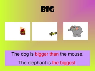 big

The dog is bigger than the mouse.
The elephant is the biggest.

 