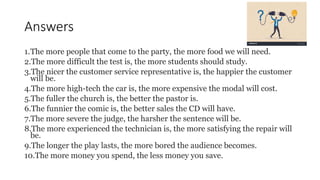 Answers
1.The more people that come to the party, the more food we will need.
2.The more difficult the test is, the more students should study.
3.The nicer the customer service representative is, the happier the customer
will be.
4.The more high-tech the car is, the more expensive the modal will cost.
5.The fuller the church is, the better the pastor is.
6.The funnier the comic is, the better sales the CD will have.
7.The more severe the judge, the harsher the sentence will be.
8.The more experienced the technician is, the more satisfying the repair will
be.
9.The longer the play lasts, the more bored the audience becomes.
10.The more money you spend, the less money you save.
 