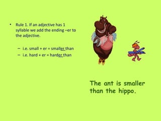 Rule 1. If an adjective has 1 syllable we add the ending –er to the adjective.  i.e. small + er = small er  than  i.e. hard + er = hard er  than  The ant is smaller than the hippo. 