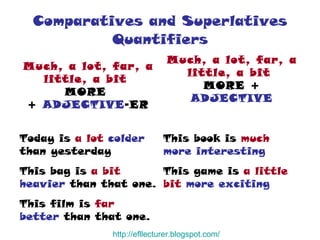 Comparatives and Superlatives Quantifiers http:// efllecturer.blogspot.com / This film is  far  better  than that one. This game is  a little bit  more exciting This bag is  a bit  heavier  than that one. This book is  much  more interesting Today is  a lot  colder  than yesterday Much, a lot, far, a little, a bit   MORE +  ADJECTIVE Much, a lot, far, a little, a bit   MORE  +  ADJECTIVE -ER 