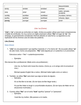 descontrolado
windy                        windier                    windiest                    ventoso
                                                                                    sabio, sensato,
wise                         wiser                      wisest
                                                                                    prudente
worldly                      worldlier                  worldliest                  mundano, terreno
worthy                       worthier                   worthiest                   virtuoso, digno
young                        younger                    younges                     joven



                                              Like / as (Como)

"Like" y "as" a menudo se confunden en inglés. Ambos se pueden utilizar para hacer comparaciones
o hablar de similitudes. Es muy común en inglés americano utilizar "like" en lugar de "as". Sin
embargo, es generalmente considerado informal utilizarlo en esta forma. La siguiente es una
explicación de los diversos usos de estas dos palabras.

Like (Como)

Uses (Usos)

   1. "Like" es una preposición" que significa "parecido a" o "lo mismo de". No se puede utilizar "as"
      de este modo. Como una preposición, "like" está seguida por un sustantivo o un pronombre.

         Estructura verbo + "like" + sustantivo/pronombre

            o   Ejemplos:

She dances like a professional. (Baila como una profesional.)

                Like me, my friend John loves the cinema. (Como yo, a mi amigo John le encanta el
                cine.)

                Michael speaks English like a native. (Michael habla inglés como un nativo.)

   2. También, se utiliza "like" para decir que algo es típico de alguien.
        o Ejemplos:

                It's so like Ben to be late. (Es tan típico de Ben llegar tarde.)

                It's just like Helen to laugh in uncomfortable situations. (Es tan típico de Helen reír en
                situaciones incómodas.)

   3. Cuando utiliza "like" con el verbo "look" significa "parecer" or "parecerse".
        o Ejemplos:

                I look like my mother. (Me parezco a mi madre.
 