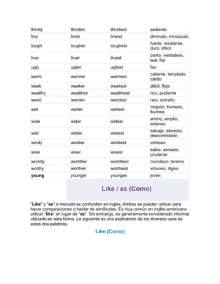 thirsty              thirstier           thirstiest           sediento
tiny                 tinier              tiniest              diminuto, minúsculo
                                                              fuerte, resistente,
tough                tougher             toughest
                                                              duro, difícil
                                                              cierto, verdadero,
true                 truer               truest
                                                              leal, fiel
ugly                 uglier              ugliest              feo
                                                              caliente, templado,
warm                 warmer              warmest
                                                              cálido
weak                 weaker              weakest              débil, flojo
wealthy              wealthier           wealthiest           rico, pudiente
weird                weirder             weirdest             raro, extraño
                                                              mojado, húmedo,
wet                  wetter              wettest
                                                              lluvioso
                                                              ancho, amplio,
wide                 wider               widest
                                                              extenso
                                                              salvaje, silvestre,
wild                 wilder              wildest
                                                              descontrolado
windy                windier             windiest             ventoso
                                                              sabio, sensato,
wise                 wiser               wisest
                                                              prudente
worldly              worldlier           worldliest           mundano, terreno
worthy               worthier            worthiest            virtuoso, digno
young                younger             younges              joven


                                     Like / as (Como)

"Like" y "as" a menudo se confunden en inglés. Ambos se pueden utilizar para
hacer comparaciones o hablar de similitudes. Es muy común en inglés americano
utilizar "like" en lugar de "as". Sin embargo, es generalmente considerado informal
utilizarlo en esta forma. La siguiente es una explicación de los diversos usos de
estas dos palabras.
                                  Like (Como)
 