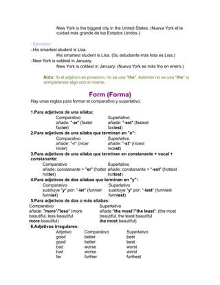 New York is the biggest city in the United States. (Nueva York el la
              cuidad más grande de los Estados Unidos.)

oEjemplos:
oHis smartest student is Lisa.
             His smartest student is Lisa. (Su estudiante más lista es Lisa.)
oNew York is coldest in January.
             New York is coldest in January. (Nueva York es más frio en enero.)

       Nota: Si el adjetivo es posesivo, no se usa "the". Además no se usa "the" si
       comparamos algo con si mismo.


                                 Form (Forma)
Hay unas reglas para formar el comparativo y superlativo.

 1.Para adjetivos de una sílaba:
               Comparativo                  Superlativo
               añade: "-er" (faster         añade: "-est" (fastest
               faster)                      fastest)
 2.Para adjetivos de una sílaba que terminan en "e":
               Comparativo                  Superlativo
               añade: "-r" (nicer           añade: "-st" (nicest
               nicer)                       nicest)
 3.Para adjetivos de una sílaba que terminan en constanante + vocal +
 constanante:
       Comparativo                          Superlativo
       añade: constanante + "er" (hotter añade: constanante + "-est" (hottest
       hotter)                              hottest)
 4.Para adjetivos de dos silabas que terminan en "y":
       Comparativo                          Superlativo
       sustituye "y" por: "-ier" (funnier   sustituye "y" por: "-iest" (funniest
       funnier)                             funniest)
 5.Para adjetivos de dos o más silabas:
Comparativo                             Superlativo
añade: "more"/"less" (more              añade "the most"/"the least": (the most
beautiful, less beautiful               beautiful, the least beautiful
more beautiful)                         the most beautiful)
 6.Adjetivos irregulares:
               Adjetivo        Comparativo              Superlativo
               good            better                   best
               good            better                   best
               bad             worse                    worst
               bad             worse                    worst
               far             further                  furthest
 