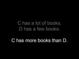 C has a lot of books.
  D has a few books.

C has more books than D.
 