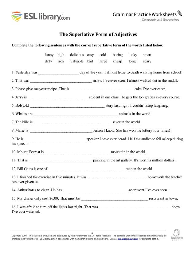 Worksheet Esl Library Grammar Practice Worksheets comparatives and superlatives grammar practice 4