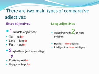 There are two main types of comparative
adjectives:
Short adjectives Long adjectives
1syllable adjectives :
 Tall → taller
 Long → longer
 Fast → faster
2 syllable adjectives ending in
–y
 Pretty →prettier
 Happy → happier
 Adjectives with 2or more
syllables:
 Boring → more boring
 Intelligent → more intelligent
 