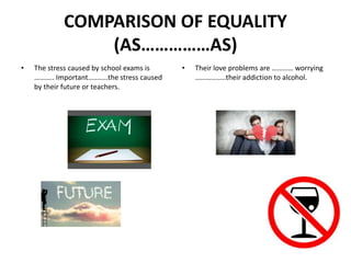 COMPARISON OF EQUALITY
(AS……………AS)
• The stress caused by school exams is
……….. Important………..the stress caused
by their future or teachers.
• Their love problems are ………… worrying
……………..their addiction to alcohol.
 