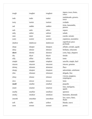 áspero, tosco, bruto,
rough     rougher     roughest
                                   ronco
                                   maleducado, grosero,
rude      ruder       rudest
                                   tosco
rusty     rustier     rustiest     oxidado
                                   triste, lamentable,
sad       sadder      saddest
                                   penoso
safe      safer       safest       seguro
salty     saltier     saltiest     salado
sane      saner       sanest       cuerdo, sensato
scary     scarier     scariest     espantoso, asustadizo
                                   superficial, poco
shallow   shallower   shallowest
                                   profundo
sharp     sharper     sharpest     afilado, cerrado, agudo
shiny     shinier     shiniest     brillante, reluciente
short     shorter     shortest     corto, bajo, chaparro
shy       shyer       shyest       tímido
silly     sillier     silliest     tonto
simple    simpler     simplest     sencillo, simple, facíl
sincere   sincerer    sincerest    sincero, genuino
skinny    skinnier    skinniest    flaco
sleepy    sleepier    sleepiest    adormilado, soñoliento
slim      slimmer     slimmest     delgado, fino
                                   viscoso, pegajoso,
slimy     slimier     slimiest
                                   empalagoso
slow      slower      slowest      lento
small     smaller     smallest     pequeño
                                   listo, inteligente,
smart     smarter     smartest
                                   agudo
smelly    smellier    smelliest    apestoso
smoky     smokier     smokiest     humeante, ahumado
                                   liso, suave, llano,
smooth    smoother    smoothest
                                   fluido
soft      softer      softest      blando, suave
soon      sooner      soonest      pronto
 