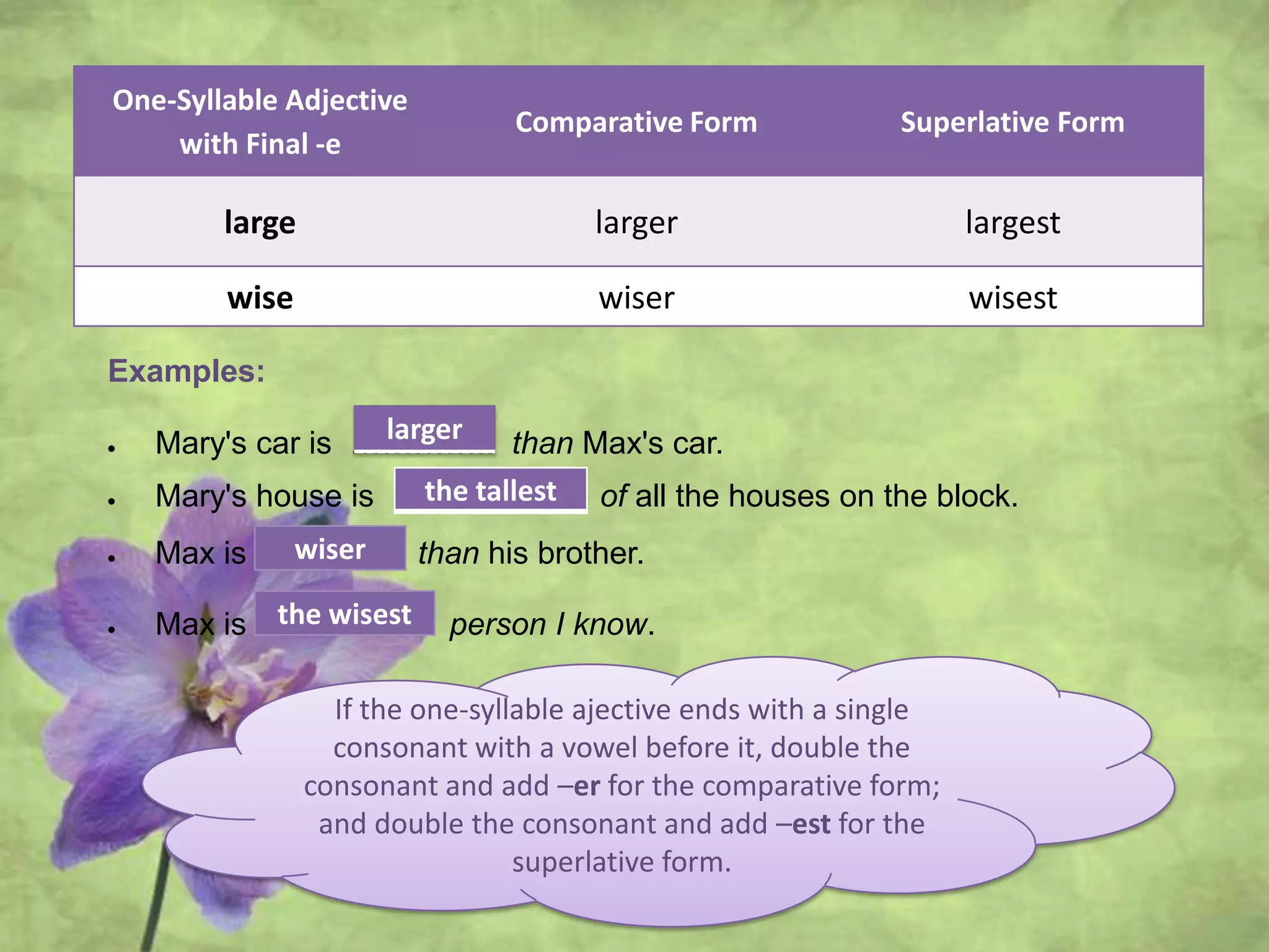 One-Syllable Adjective
with Final -e
Comparative Form Superlative Form
large larger largest
wise wiser wisest
Examples:
Mary's car is ………….. than Max's car.
Mary's house is ……………… of all the houses on the block.
Max is ………….. than his brother.
Max is ……..……… person I know.
If the one-syllable ajective ends with a single
consonant with a vowel before it, double the
consonant and add –er for the comparative form;
and double the consonant and add –est for the
superlative form.
larger
the tallest
wiser
the wisest
 