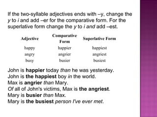 If the two-syllable adjectives ends with –y, change the  y  to  i  and add –er for the comparative form. For the superlative form change the  y  to  i and  add –est. John is  happier  today  than  he was yesterday. John is  the happiest  boy  in  the world. Max is  angrier   than  Mary. Of  all of John's victims, Max is  the angriest . Mary is  busier   than  Max. Mary is  the busiest   person I've ever met . Adjective Comparative Form Superlative Form happy happier happiest angry angrier angriest busy busier busiest 