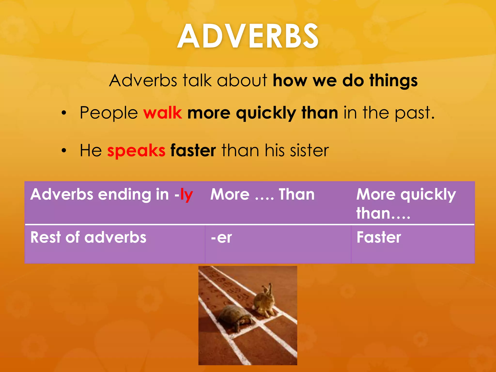 ADVERBS
Adverbs talk about how we do things
• He speaks faster than his sister
Adverbs ending in -ly More …. Than More quickly
than….
Rest of adverbs -er Faster
• People walk more quickly than in the past.
 