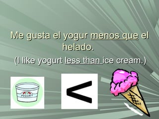 Me gusta el yogurMe gusta el yogur menos quemenos que elel
helado.helado.
(I like yogurt(I like yogurt less thanless than ice cream.)ice cream.)
 