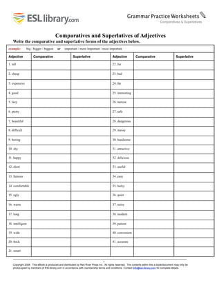 Comparatives and Superlatives of Adjectives
Write the comparative and superlative forms of the adjectives below.
1
Copyright 2008. This eBook is produced and distributed by Red River Press Inc. All rights reserved. The contents within this e-book/document may only be
photocopied by members of ESLlibrary.com in accordance with membership terms and conditions. Contact info@esl-library.com for complete details.
example: big / bigger / biggest or important / more important / most important
Adjective Comparative Superlative Adjective Comparative Superlative
1. tall 22. far
2. cheap 23. bad
3. expensive 24. fat
4. good 25. interesting
5. lazy 26. narrow
6. pretty 27. safe
7. beautiful 28. dangerous
8. difficult 29. messy
9. boring 30. handsome
10. shy 31. attractive
11. happy 32. delicious
12. short 33. useful
13. famous 34. easy
14. comfortable 35. lucky
15. ugly 36. quiet
16. warm 37. noisy
17. long 38. modern
18. intelligent 39. patient
19. wide 40. convenient
20. thick 41. accurate
21. smart
Grammar Practice Worksheets✎
Comparatives & Superlatives
 