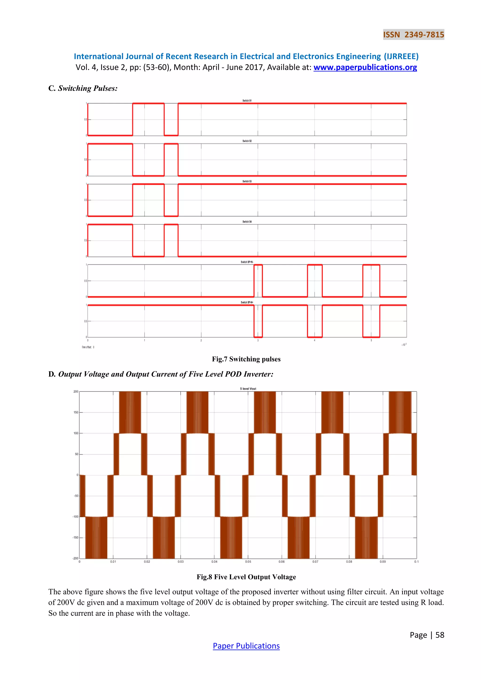 ISSN 2349-7815
International Journal of Recent Research in Electrical and Electronics Engineering (IJRREEE)
Vol. 4, Issue 2, pp: (53-60), Month: April - June 2017, Available at: www.paperpublications.org
Page | 58
Paper Publications
C. Switching Pulses:
Fig.7 Switching pulses
D. Output Voltage and Output Current of Five Level POD Inverter:
Fig.8 Five Level Output Voltage
The above figure shows the five level output voltage of the proposed inverter without using filter circuit. An input voltage
of 200V dc given and a maximum voltage of 200V dc is obtained by proper switching. The circuit are tested using R load.
So the current are in phase with the voltage.
 