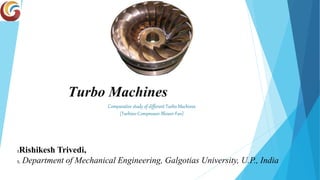 Comparative study of different Turbo Machines
(Turbine-Compressor-Blower-Fan)
Turbo Machines
1Rishikesh Trivedi,
1, Department of Mechanical Engineering, Galgotias University, U.P., India
 