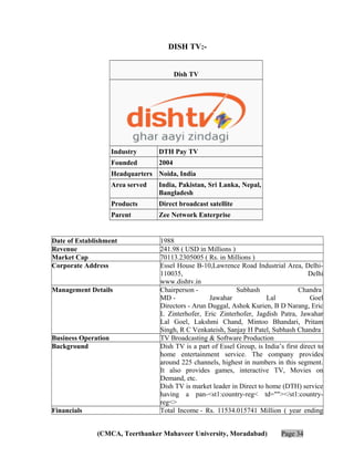 DISH TV:Dish TV

Industry

DTH Pay TV

Founded

2004

Headquarters Noida, India
Area served

India, Pakistan, Sri Lanka, Nepal,
Bangladesh

Products

Direct broadcast satellite

Parent

Zee Network Enterprise

Date of Establishment
Revenue
Market Cap
Corporate Address
Management Details

Business Operation
Background

Financials

1988
241.98 ( USD in Millions )
70113.2305005 ( Rs. in Millions )
Essel House B-10,Lawrence Road Industrial Area, Delhi110035,
Delhi
www.dishtv.in
Chairperson Subhash
Chandra
MD Jawahar
Lal
Goel
Directors - Arun Duggal, Ashok Kurien, B D Narang, Eric
L Zinterhofer, Eric Zinterhofer, Jagdish Patra, Jawahar
Lal Goel, Lakshmi Chand, Mintoo Bhandari, Pritam
Singh, R C Venkateish, Sanjay H Patel, Subhash Chandra
TV Broadcasting & Software Production
Dish TV is a part of Essel Group, is India’s first direct to
home entertainment service. The company provides
around 225 channels, highest in numbers in this segment.
It also provides games, interactive TV, Movies on
Demand, etc.
Dish TV is market leader in Direct to home (DTH) service
having a pan-<st1:country-reg< td=""></st1:countryreg<>
Total Income - Rs. 11534.015741 Million ( year ending

(CMCA, Teerthanker Mahaveer University, Moradabad)

Page 34

 