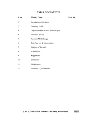 TABLE OF CONTENTS
S. No.

Chapter Name

1.

Introduction of the topic

2.

Company Profile

3.

Objectives of the Market Survey Report

4.

Literature Review

5.

Research Methodology

6.

Data Analysis & Interpretation

7.

Findings of the study

8.

Conclusion

9.

Suggestions

10.

Limitations

11.

Bibliography

12.

Annexure - Questionnaire

(CMCA, Teerthanker Mahaveer University, Moradabad)

Page No.

Page 1

 