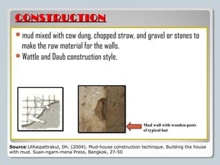 CONSTRUCTION
  mud mixed with cow dung, chopped straw, and gravel or stones to
   make the raw material for the walls.
  ...