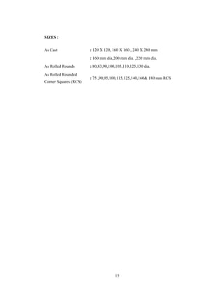 15
SIZES :
As Cast : 120 X 120, 160 X 160 , 240 X 280 mm
: 160 mm dia,200 mm dia. ,220 mm dia.
As Rolled Rounds : 80,83,90,100,105,110,125,130 dia.
As Rolled Rounded
Corner Squares (RCS)
: 75 ,90,95,100,115,125,140,160& 180 mm RCS
 