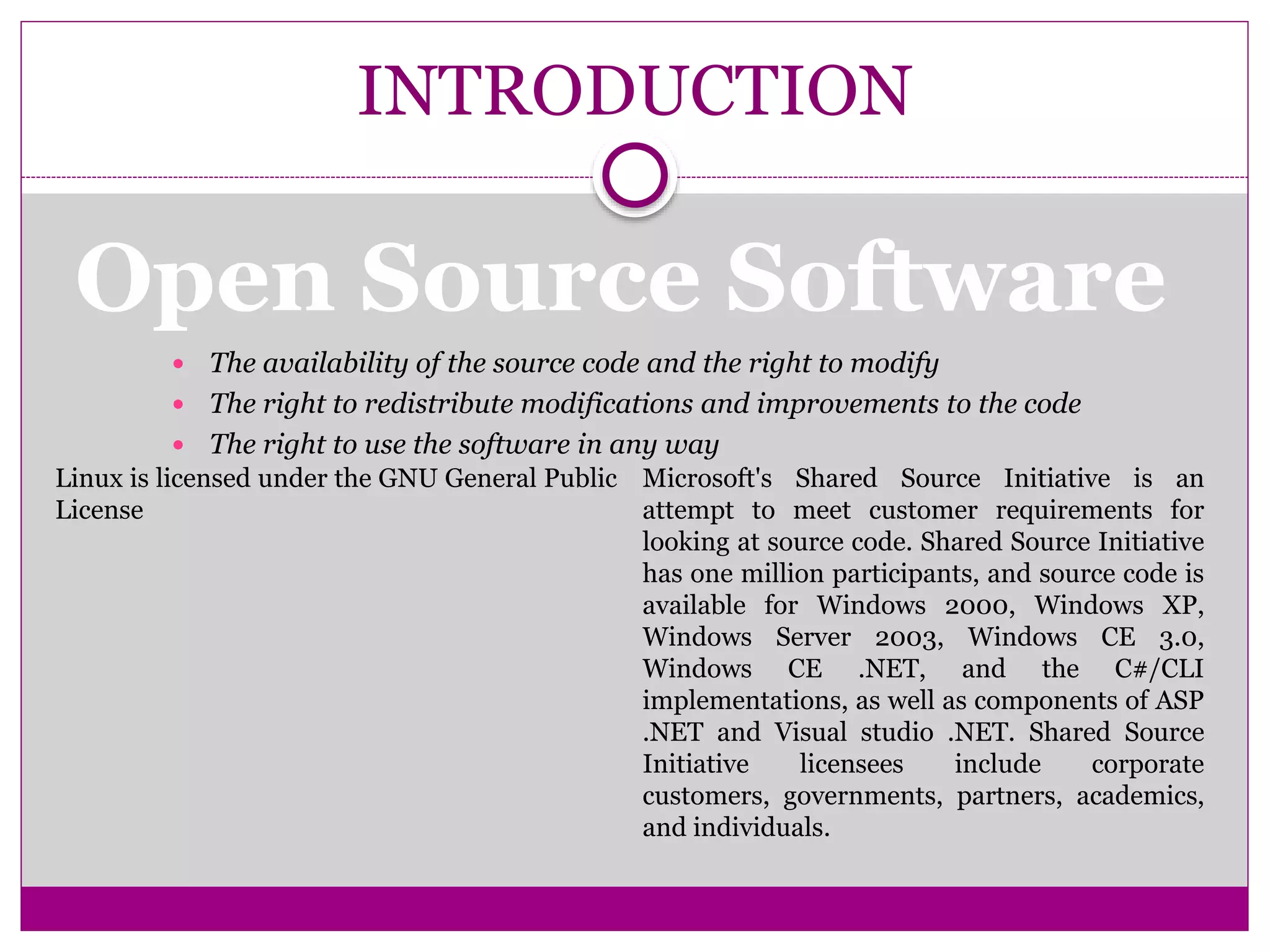 INTRODUCTION
 The availability of the source code and the right to modify
 The right to redistribute modifications and improvements to the code
 The right to use the software in any way
Open Source Software
Linux is licensed under the GNU General Public
License
Microsoft's Shared Source Initiative is an
attempt to meet customer requirements for
looking at source code. Shared Source Initiative
has one million participants, and source code is
available for Windows 2000, Windows XP,
Windows Server 2003, Windows CE 3.0,
Windows CE .NET, and the C#/CLI
implementations, as well as components of ASP
.NET and Visual studio .NET. Shared Source
Initiative licensees include corporate
customers, governments, partners, academics,
and individuals.
 