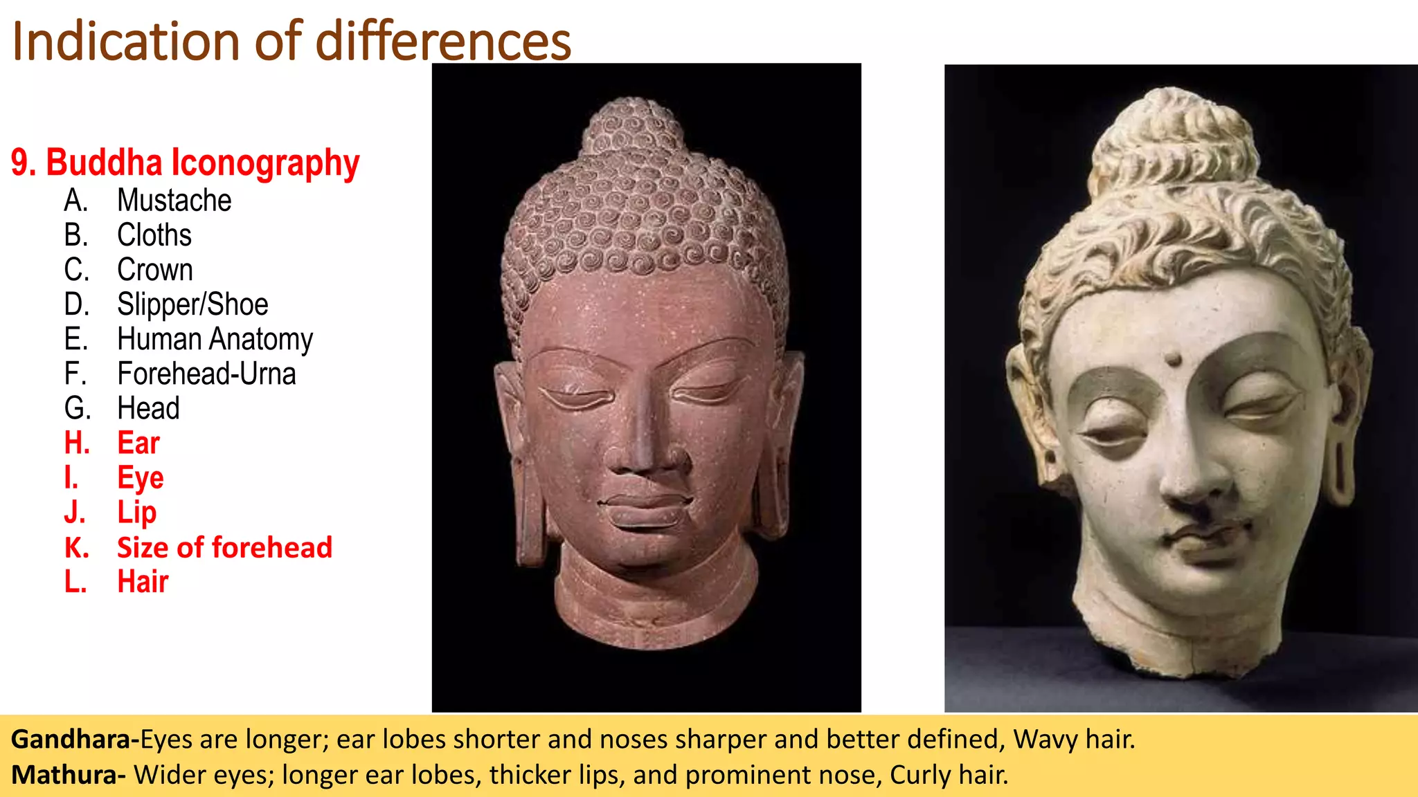 9. Buddha Iconography
A. Mustache
B. Cloths
C. Crown
D. Slipper/Shoe
E. Human Anatomy
F. Forehead-Urna
G. Head
H. Ear
I. Eye
J. Lip
K. Size of forehead
L. Hair
Gandhara-Eyes are longer; ear lobes shorter and noses sharper and better defined, Wavy hair.
Mathura- Wider eyes; longer ear lobes, thicker lips, and prominent nose, Curly hair.
Indication of differences
 