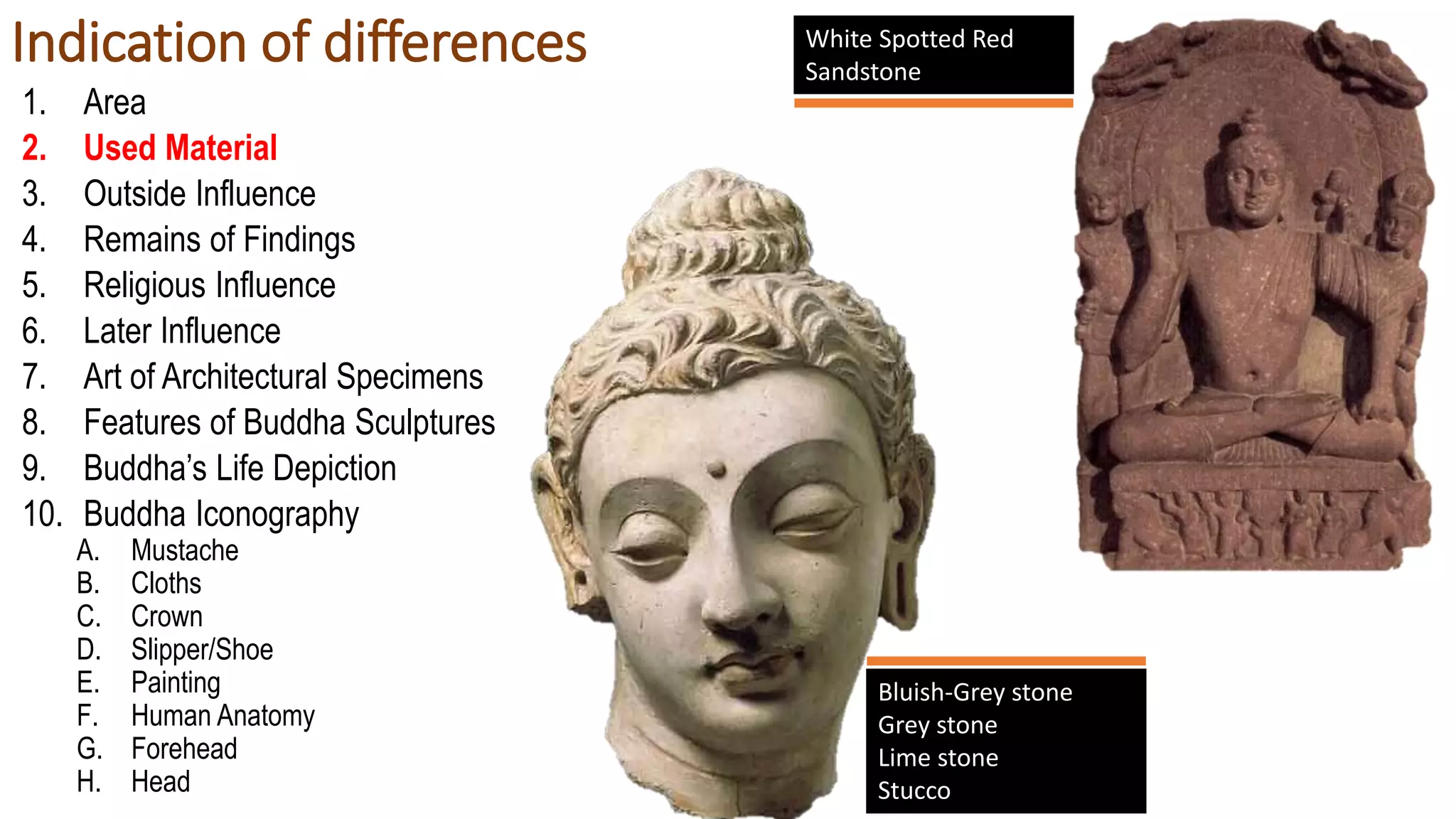 Indication of differences
1. Area
2. Used Material
3. Outside Influence
4. Remains of Findings
5. Religious Influence
6. Later Influence
7. Art of Architectural Specimens
8. Features of Buddha Sculptures
9. Buddha’s Life Depiction
10. Buddha Iconography
A. Mustache
B. Cloths
C. Crown
D. Slipper/Shoe
E. Painting
F. Human Anatomy
G. Forehead
H. Head
Bluish-Grey stone
Grey stone
Lime stone
Stucco
White Spotted Red
Sandstone
 