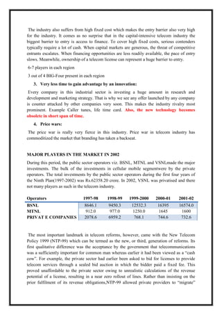 The industry also suffers from high fixed cost which makes the entry barrier also very high
for the industry. It comes as no surprise that in the capital-intensive telecom industry the
biggest barrier to entry is access to finance. To cover high fixed costs, serious contenders
typically require a lot of cash. When capital markets are generous, the threat of competitive
entrants escalates. When financing opportunities are less readily available, the pace of entry
slows. Meanwhile, ownership of a telecom license can represent a huge barrier to entry.
6-7 players in each region
3 out of 4 BIG-Four present in each region
3. Very less time to gain advantage by an innovation:
Every company in this industrial sector is investing a huge amount in research and
development and marketing strategy. That is why we see any offer launched by any company
is counter attacked by other companies very soon. This makes the industry rivalry most
prominent. Example Caller tunes, life time card. Also, the new technology becomes
obsolete in short span of time.
4. Price wars:
The price war is really very fierce in this industry. Price war in telecom industry has
commoditized the market that branding has taken a backseat.
MAJOR PLAYERS IN THE MARKET IN 2002
During this period, the public sector operators viz. BSNL, MTNL and VSNLmade the major
investments. The bulk of the investments in cellular mobile segmentwere by the private
operators. The total investments by the public sector operators during the first four years of
the Ninth Plan(1997-2002) was Rs.62358.20 crore. In 2002, VSNL was privatised and there
not many players as such in the telecom industry.
Operators 1997-98 1998-99 1999-2000 2000-01 2001-02
BSNL 8646.1 9450.3 12532.3 16395 16574.0
MTNL 912.0 977.0 1250.0 1645 1600
PRIVAT E COMPANIES 2078.6 6959.2 768.1 744.6 732.6
The most important landmark in telecom reforms, however, came with the New Telecom
Policy 1999 (NTP-99) which can be termed as the new, or third, generation of reforms. Its
first qualitative difference was the acceptance by the government that telecommunications
was a sufficiently important for common man whereas earlier it had been viewed as a ―cash
cow‖. For example, the private sector had earlier been asked to bid for licenses to provide
telecom services through a sealed bid auction in which the bidder paid a fixed fee. This
proved unaffordable to the private sector owing to unrealistic calculations of the revenue
potential of a license, resulting in a near zero rollout of lines. Rather than insisting on the
prior fulfilment of its revenue obligations,NTP-99 allowed private providers to ―migrate‖
 