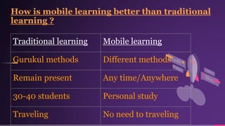 How is mobile learning better than traditional
learning ?
Traditional learning Mobile learning
Gurukul methods Different methods
Remain present Any time/Anywhere
30-40 students Personal study
Traveling No need to traveling
 