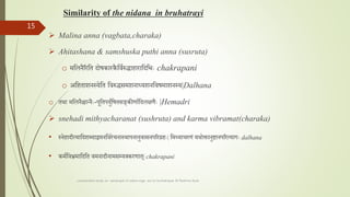 Similarity of the nidana in bruhatrayi
 Malina anna (vagbata,charaka)
 Ahitashana & samshuska puthi anna (susruta)
o मतलनैररतत दोषकारकैतवतरुद्धाहारातदतभाः chakrapani
o अतहताशनस्येतत तवरुद्धसमशना्यशनतवषमाशनस्य|Dalhana
o तथा मतलनैश्चान्नैाः-पूततपयुततषतसङकीणाततदलक्षणैाः |Hemadri
 snehadi mithyacharanat (sushruta) and karma vibramat(charaka)
• स्नेहादीत्यातदशब्दाेमनतवरेचनास्थापनानुवासनपररग्रहाः| तमथ्याचरणां यथोक्तानुष्टानपररत्यागाः dalhana
• कमततव्रममातदतत वमनादीनामसम्लयलकरणात| chakrapani
comparative study on samprapti of udara roga wsr to bruhatrayee Dr Reshma Asok
15
 