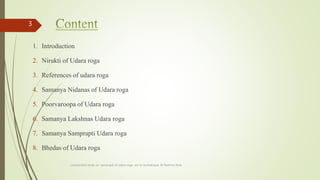 1. Introduction
2. Nirukti of Udara roga
3. References of udara roga
4. Samanya Nidanas of Udara roga
5. Poorvaroopa of Udara roga
6. Samanya Lakshnas Udara roga
7. Samanya Samprapti Udara roga
8. Bhedas of Udara roga
comparative study on samprapti of udara roga wsr to bruhatrayee Dr Reshma Asok
3
 