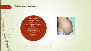 Lakshanas of Jatodaka
comparative study on samprapti of udara roga wsr to bruhatrayee Dr Reshma Asok
32
Anannakanksha
Swasa, kasa
Dourbalya
Udakapoorna druti
sparsha
Nanavarna raji
Kuksheratimatra
vrudhi
Gudasrava
 