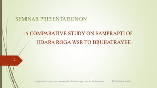 A COMPARATIVE STUDY ON SAMPRAPTI OF
UDARA ROGA WSR TO BRUHATRAYEE
comparative study on samprapti of udara roga wsr to bruhatrayee Dr Reshma Asok
1
 