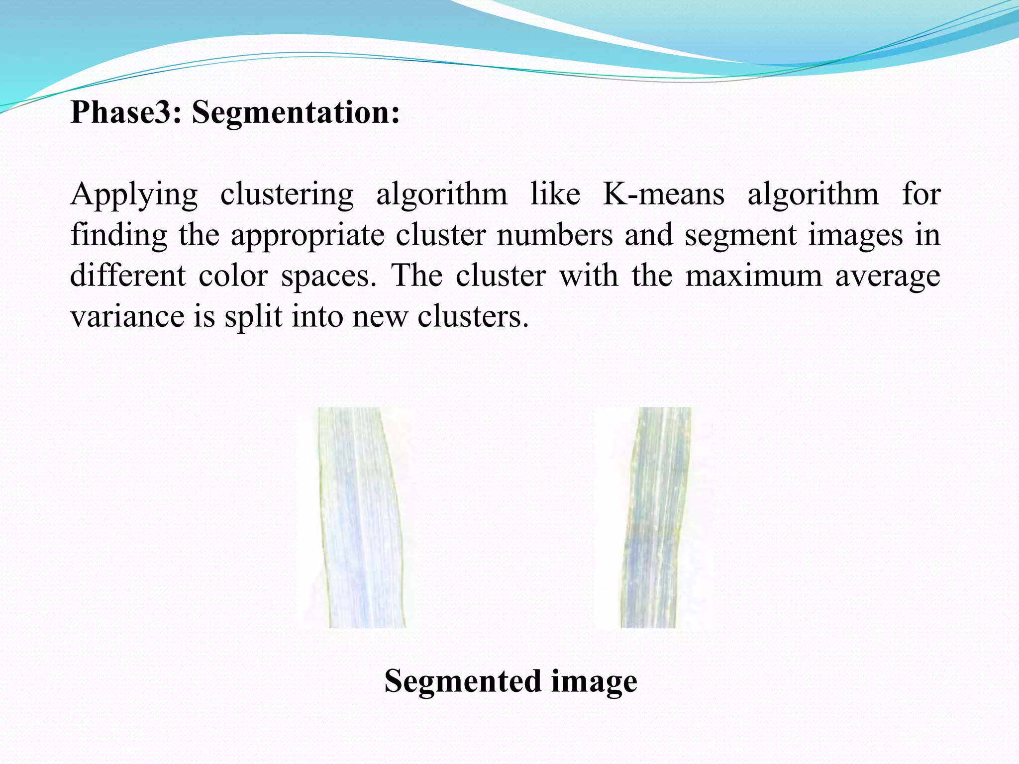 Phase3: Segmentation:
Applying clustering algorithm like K-means algorithm for
finding the appropriate cluster numbers and segment images in
different color spaces. The cluster with the maximum average
variance is split into new clusters.
Segmented image
 