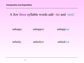 Comparative and Superlative




   A few three syllable words add –ier and –iest:



      unhappy                 unhappier   unhappiest



      unlucky                 unluckier   unluckiest




                   14
 